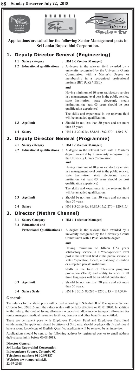 Deputy Director General (Engineering, Programme), Director (Nethra Channel) - Sri Lanka Rupavahini Corporation